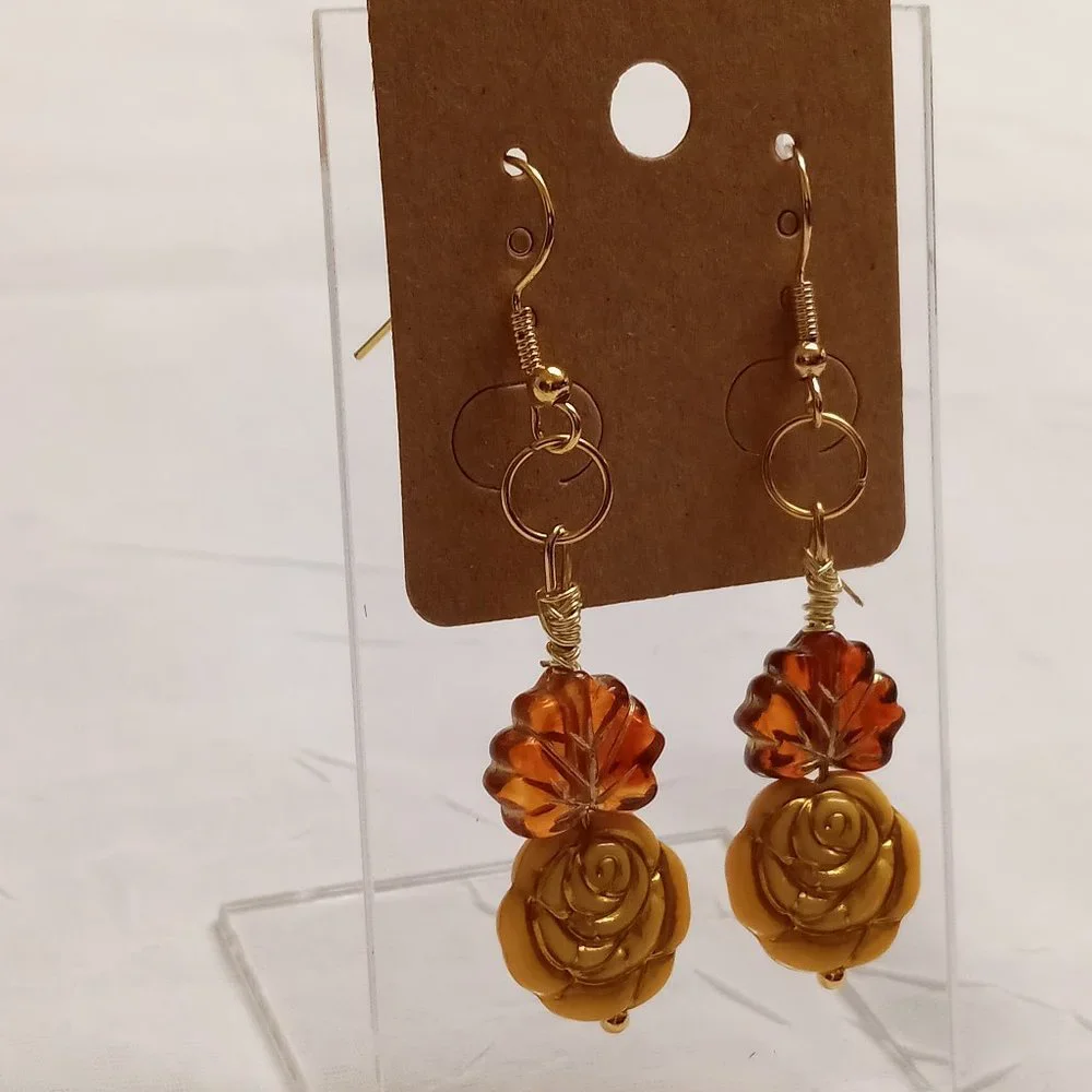 Steel Handmade Hand Crafted Leaf & Rose Beaded Dangle Earrings #55 - Picture 13 of 14